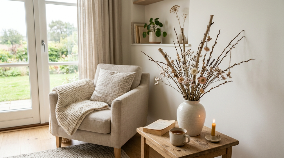 Beautiful DIY Pyntekvister branch crafts arranged in a ceramic vase for natural home decor.